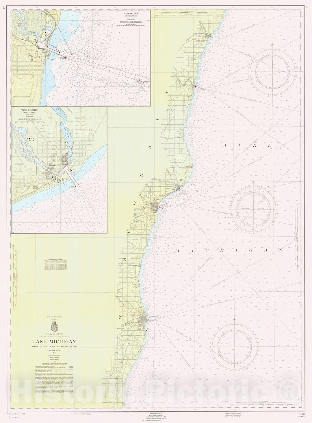 Historic Nautical Map - Lake Michigan Coast Algoma To Sheboygan, 1957 NOAA Chart - Vintage Wall Art