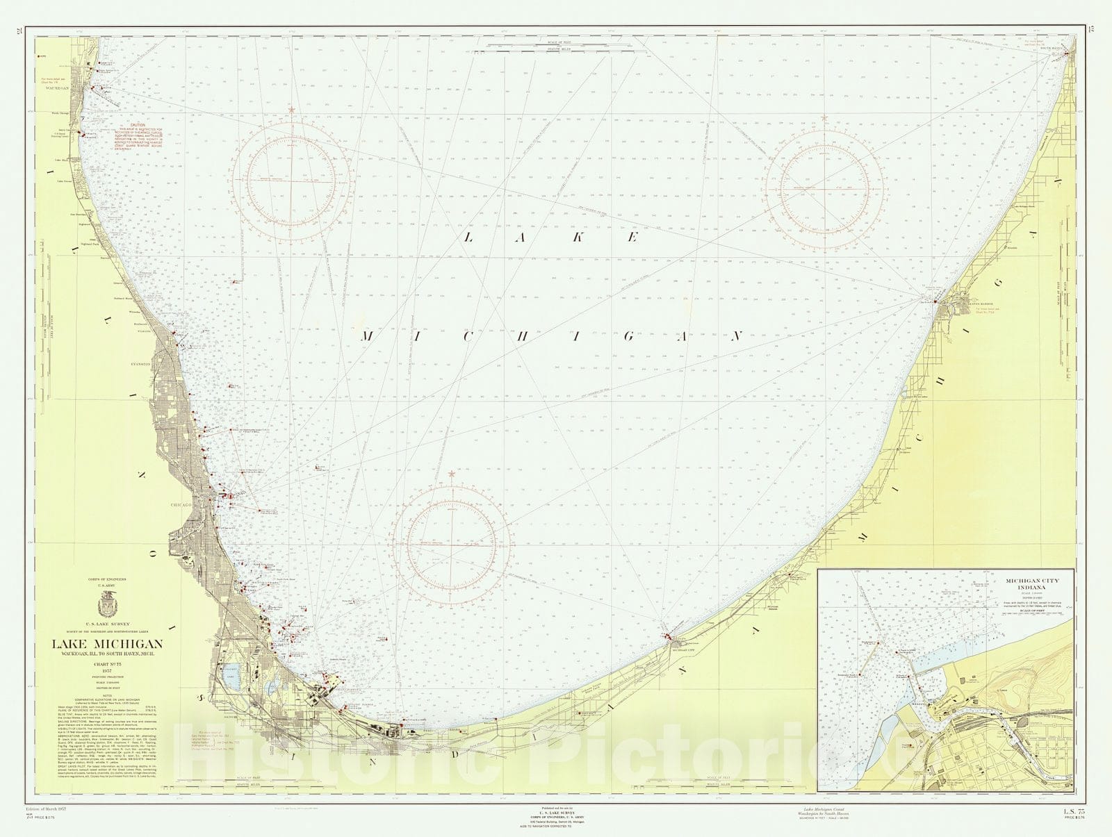 Historic Nautical Map - Lake Michigan Coast Waukegan To South Haven, 1957 NOAA Chart - Vintage Wall Art