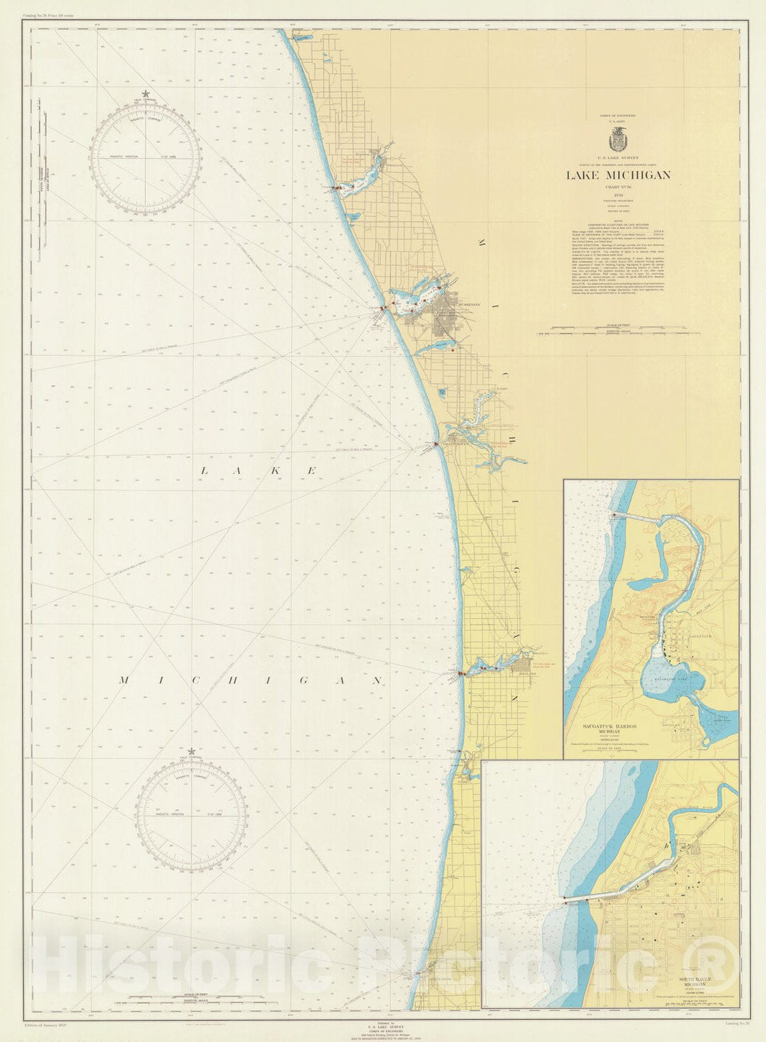 Historic Nautical Map - Lake Michigan, 1950 NOAA Chart - Vintage Wall Art