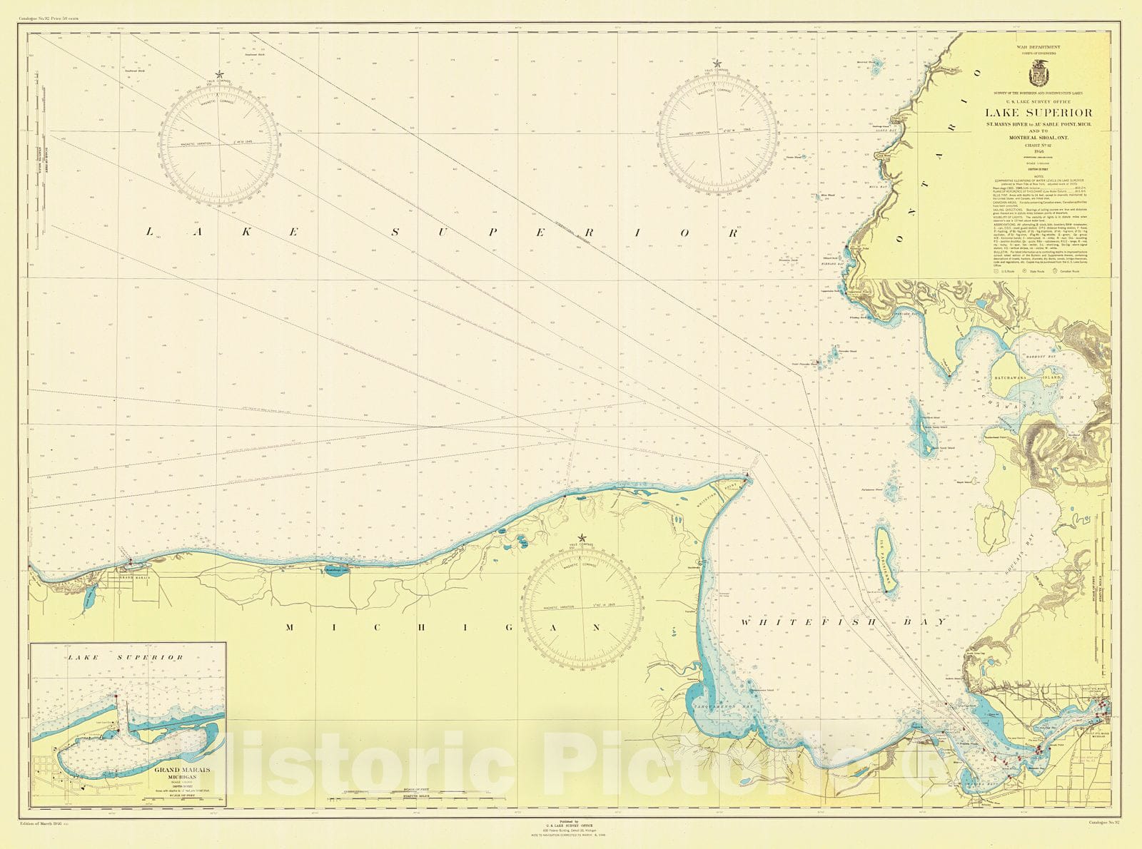 Historic Nautical Map - Lake Superior Coast St Marys River To Au Sable Point Mich And To Montreal Shoal Ont, 1946 NOAA Chart - Vintage Wall Art