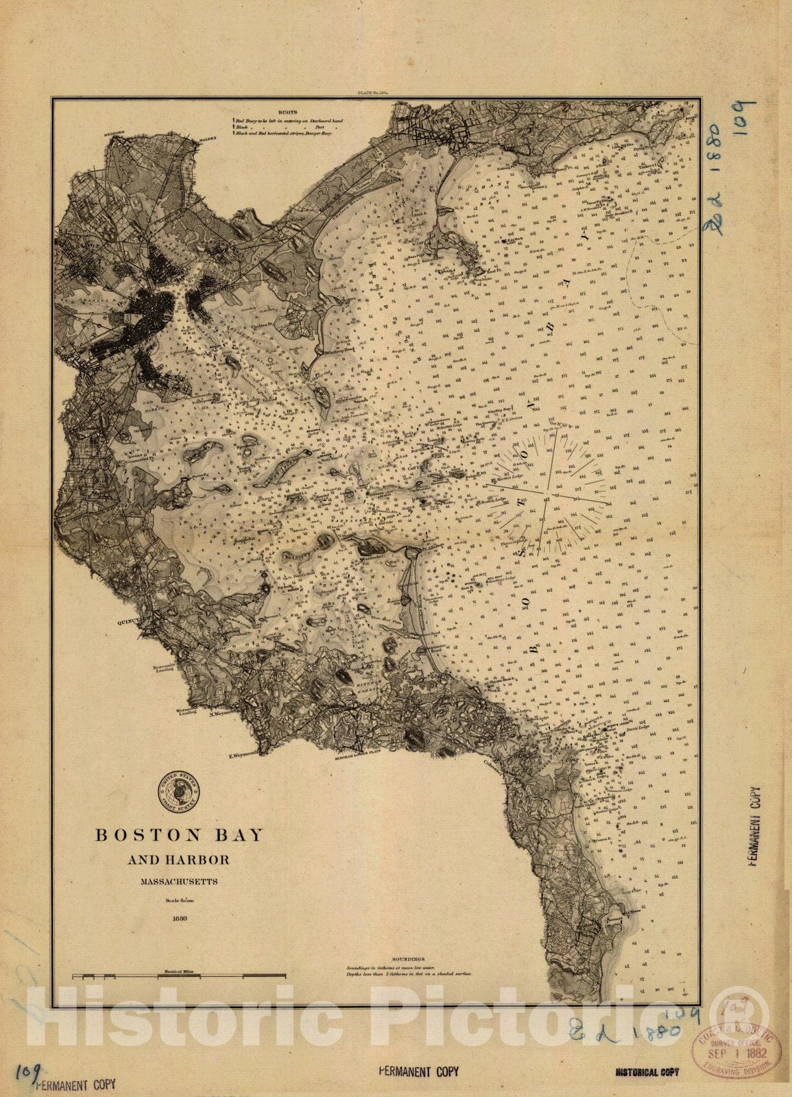 Historic Nautical Map - Boston Bay And Harbor, 1880 NOAA Chart - Vintage Wall Art