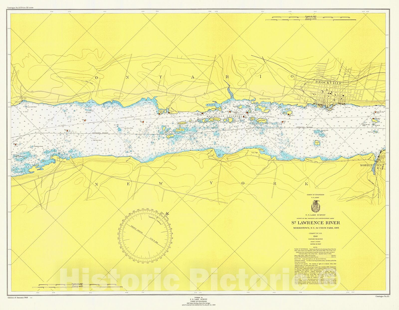 Historic Nautical Map - St Lawrence River Morristown Ny To Union Park Ont, 1949 NOAA Chart - Vintage Wall Art