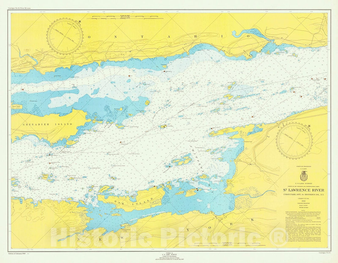 Historic Nautical Map - St. Lawrence River Union Park, Ont. To Ironsides Isl, N.Y, 1949 NOAA Chart - Vintage Wall Art