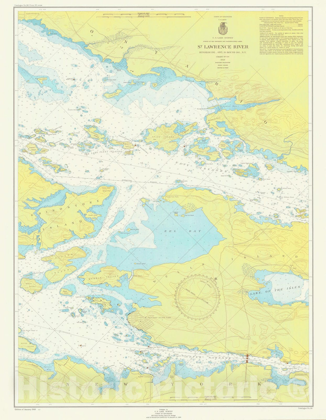 Historic Nautical Map - St. Lawrence River Bingham Isl, Ont, To Round Isl, N.Y, 1949 NOAA Chart - Vintage Wall Art