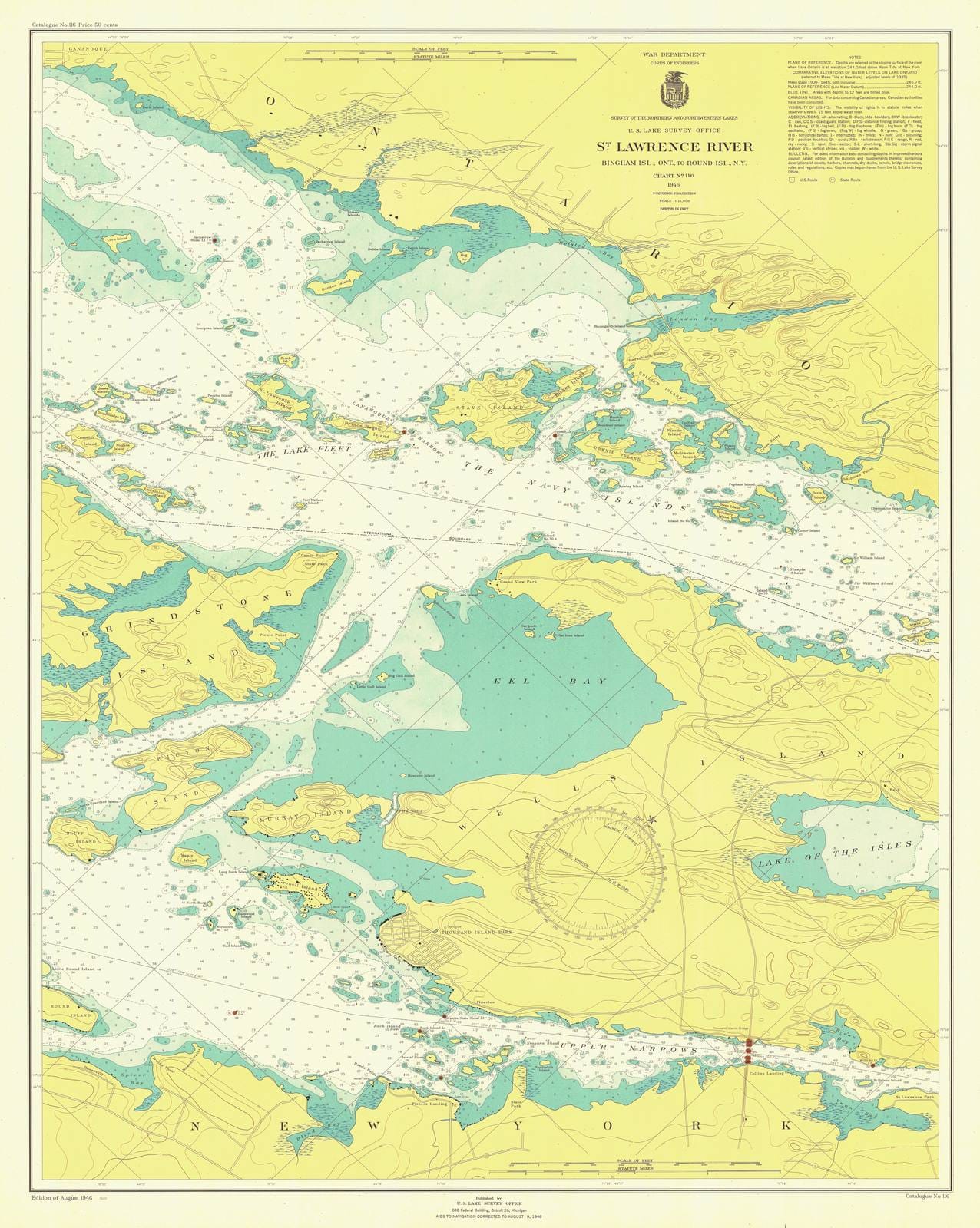 Historic Nautical Map - St Lawrence River Bingham Isl Ont To Round Isl Ny, 1946 NOAA Chart - Vintage Wall Art