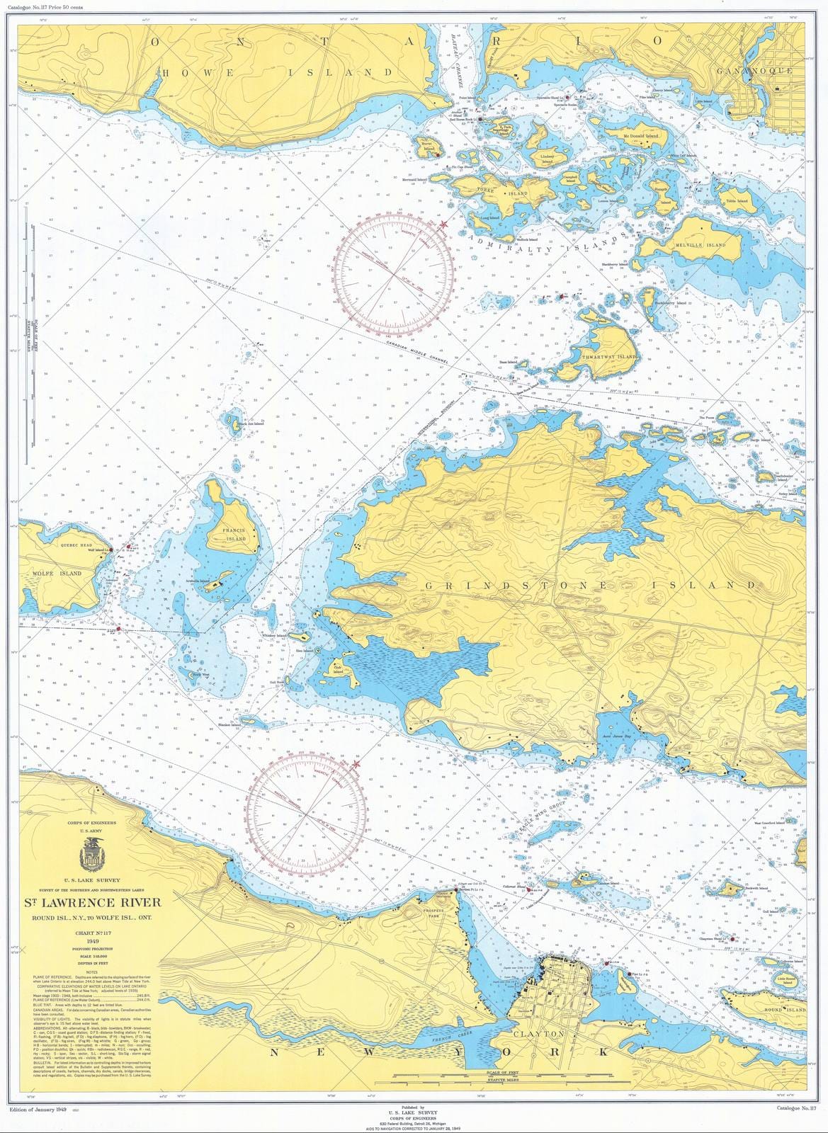 Historic Nautical Map - St Lawrence River Round Isl Ny To Wolfe Isl Ont, 1949 NOAA Chart - Vintage Wall Art