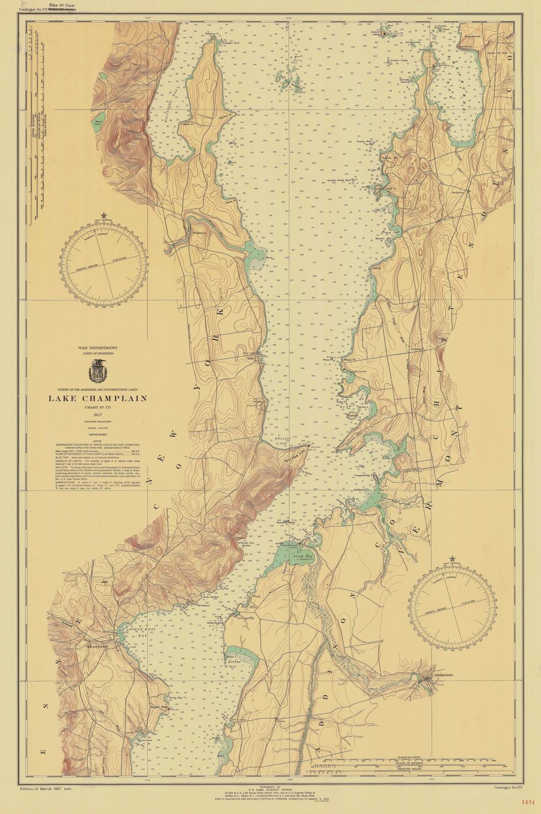 Historic Nautical Map - Lake Champlain, 1937 NOAA Chart - Vintage Wall Art