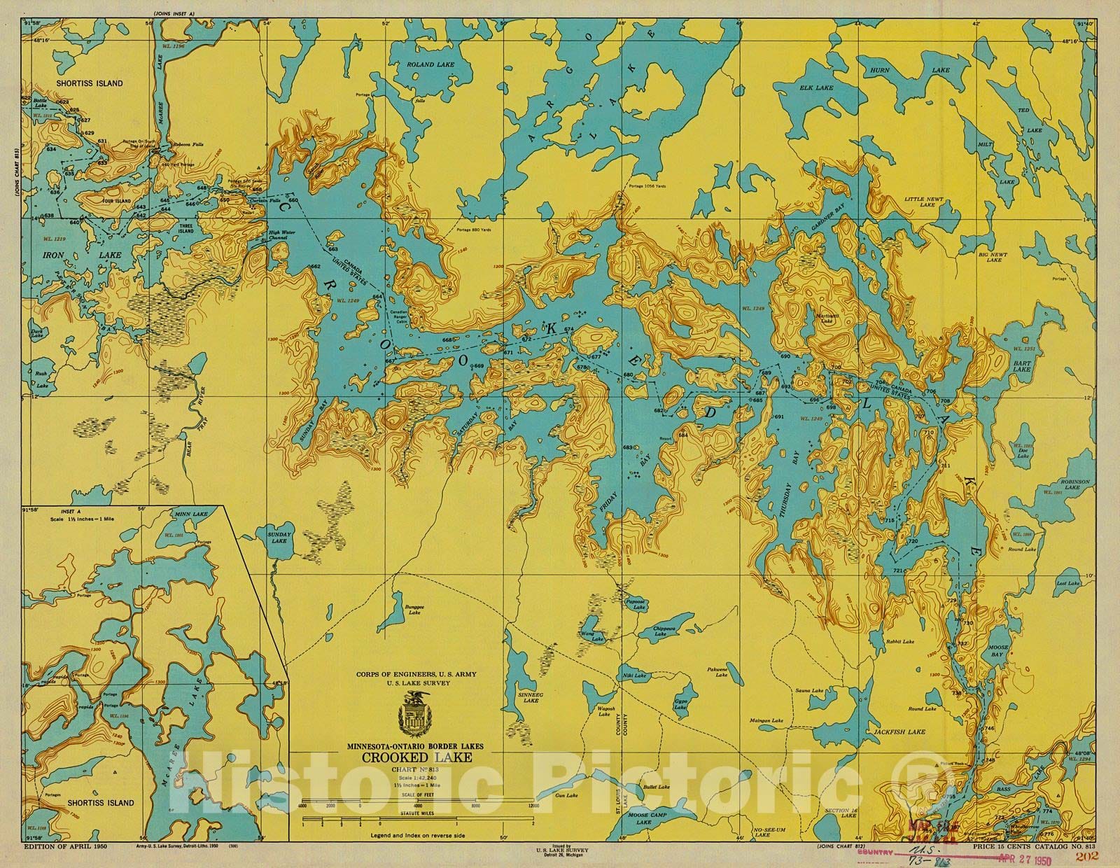 Historic Nautical Map - Minnesota-Ontario Border Lakes Crooked Lake, 1950 NOAA Chart - Vintage Wall Art