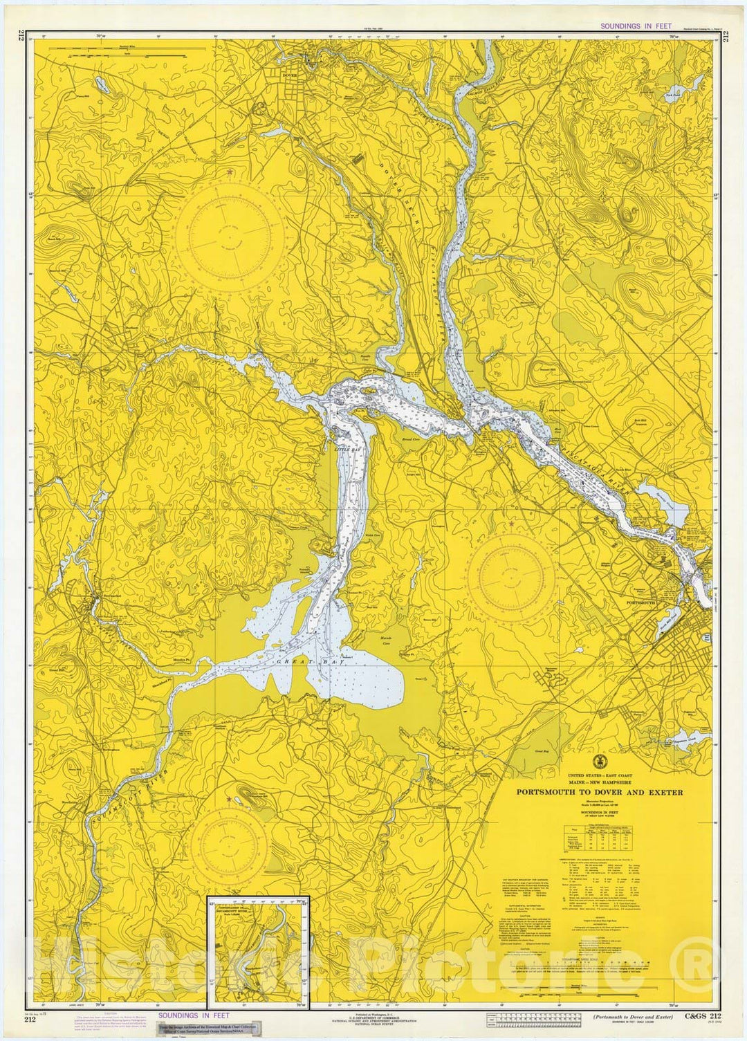 Historic Nautical Map - Portsmouth To Dover And Exeter, Maine - New Hampshire, 1973 NOAA Chart - Vintage Wall Art