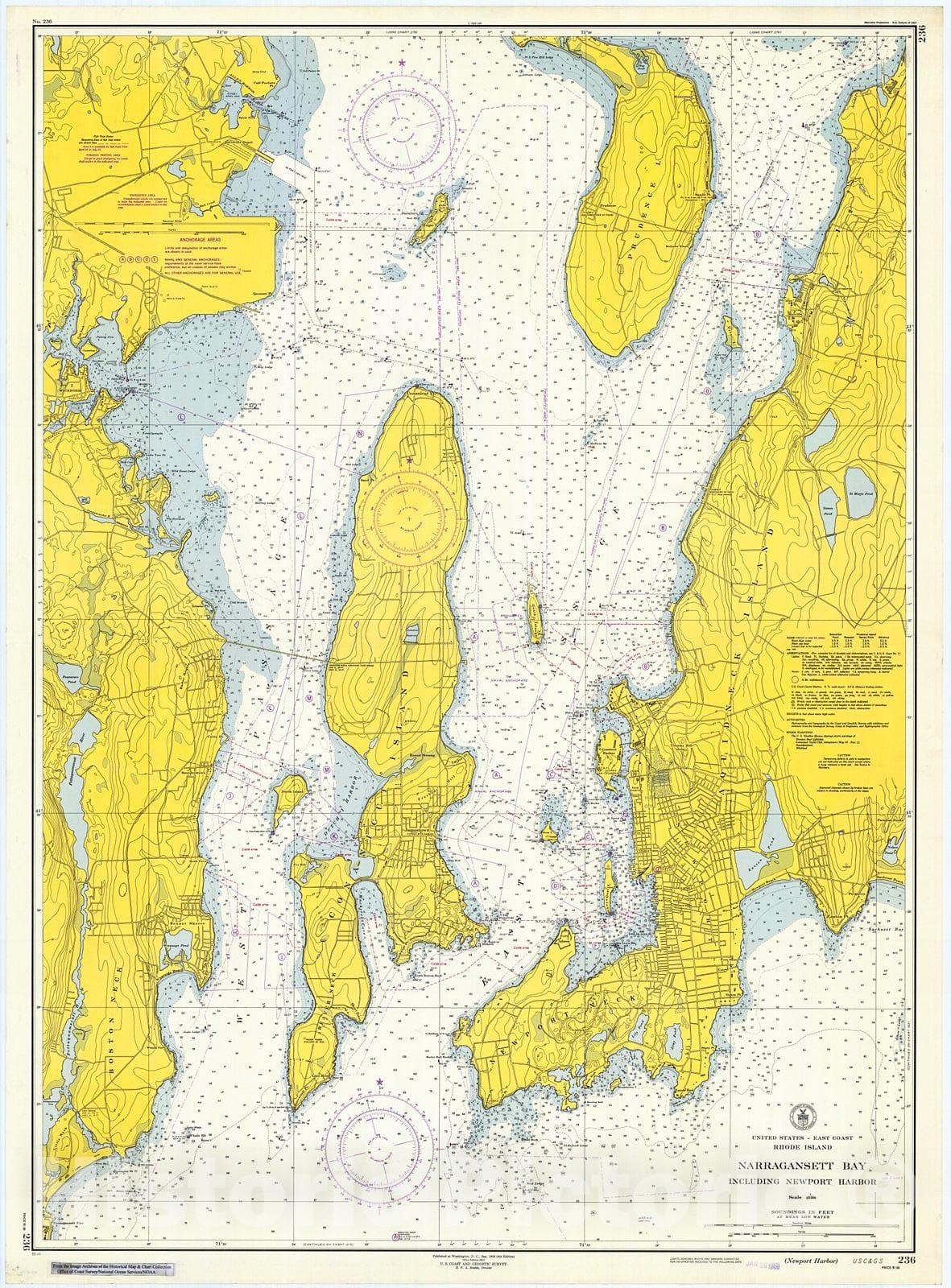 Historic Nautical Map - Narragansett Bay Including Newport Harbor, Rhode Island, 1953 NOAA Chart - Vintage Wall Art