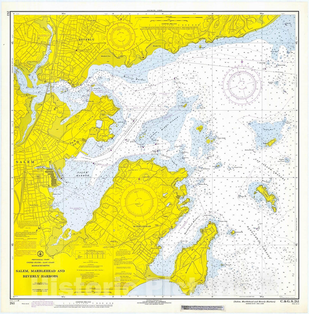 Historic Nautical Map - Salem, Marblehead And Beverly Harbors, Massachusetts, 1969 NOAA Chart - Vintage Wall Art