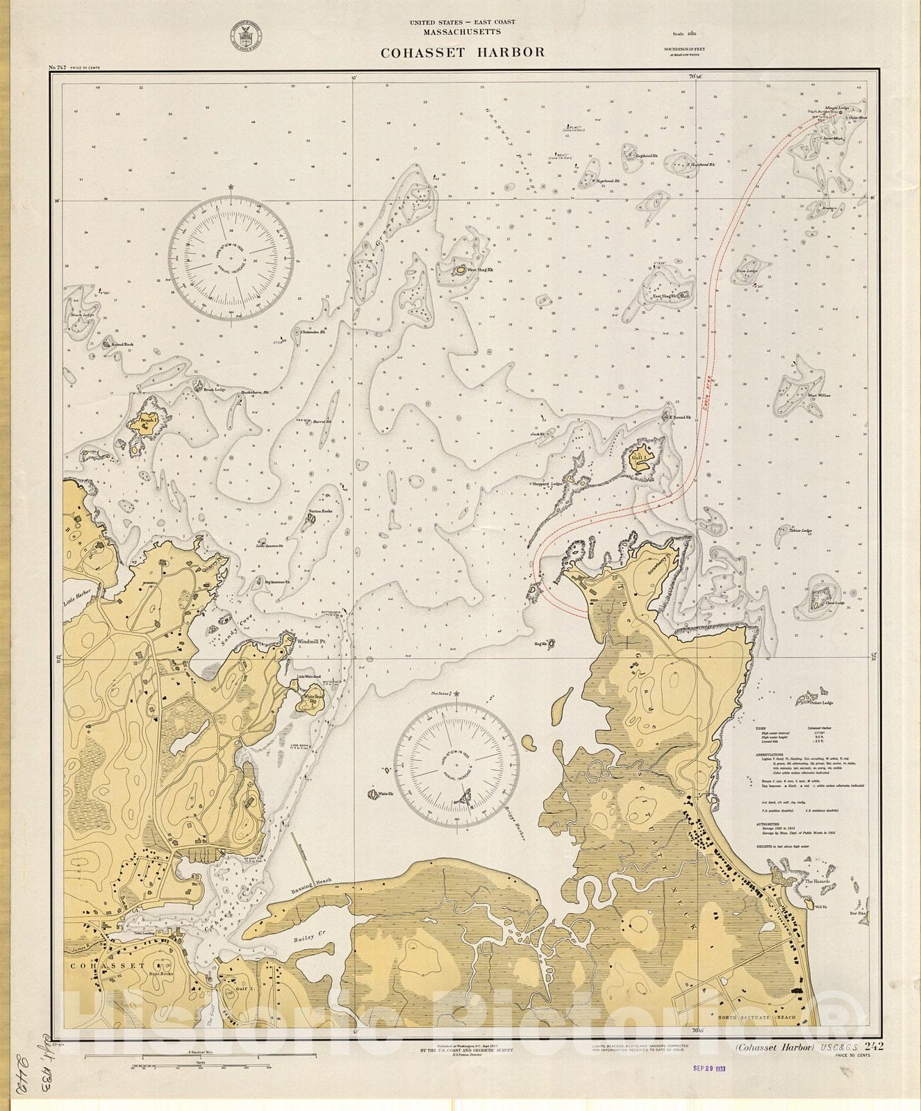 Historic Nautical Map - Cohasset Harbor, 1933 NOAA Chart - Vintage Wall Art