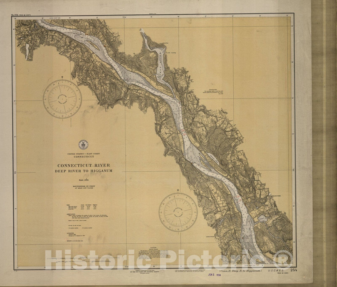 Historic Nautical Map - Connecticut River : Deep River To Higganum, 1934 NOAA Chart - Vintage Wall Art