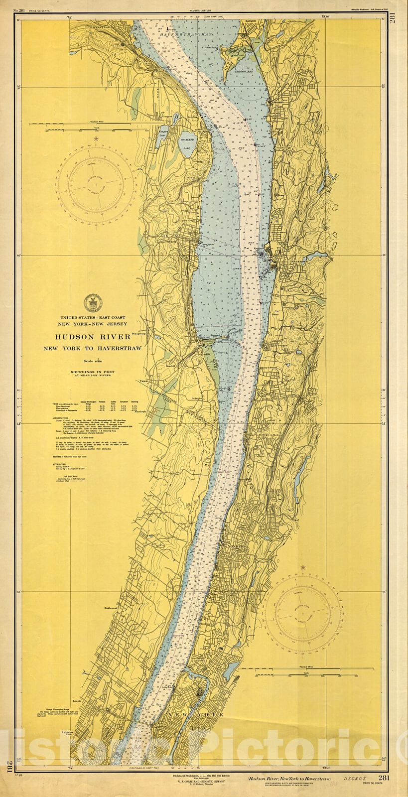 Historic Nautical Map - Hudson River : New York To Haverstraw, 1947 NOAA Chart - Vintage Wall Art