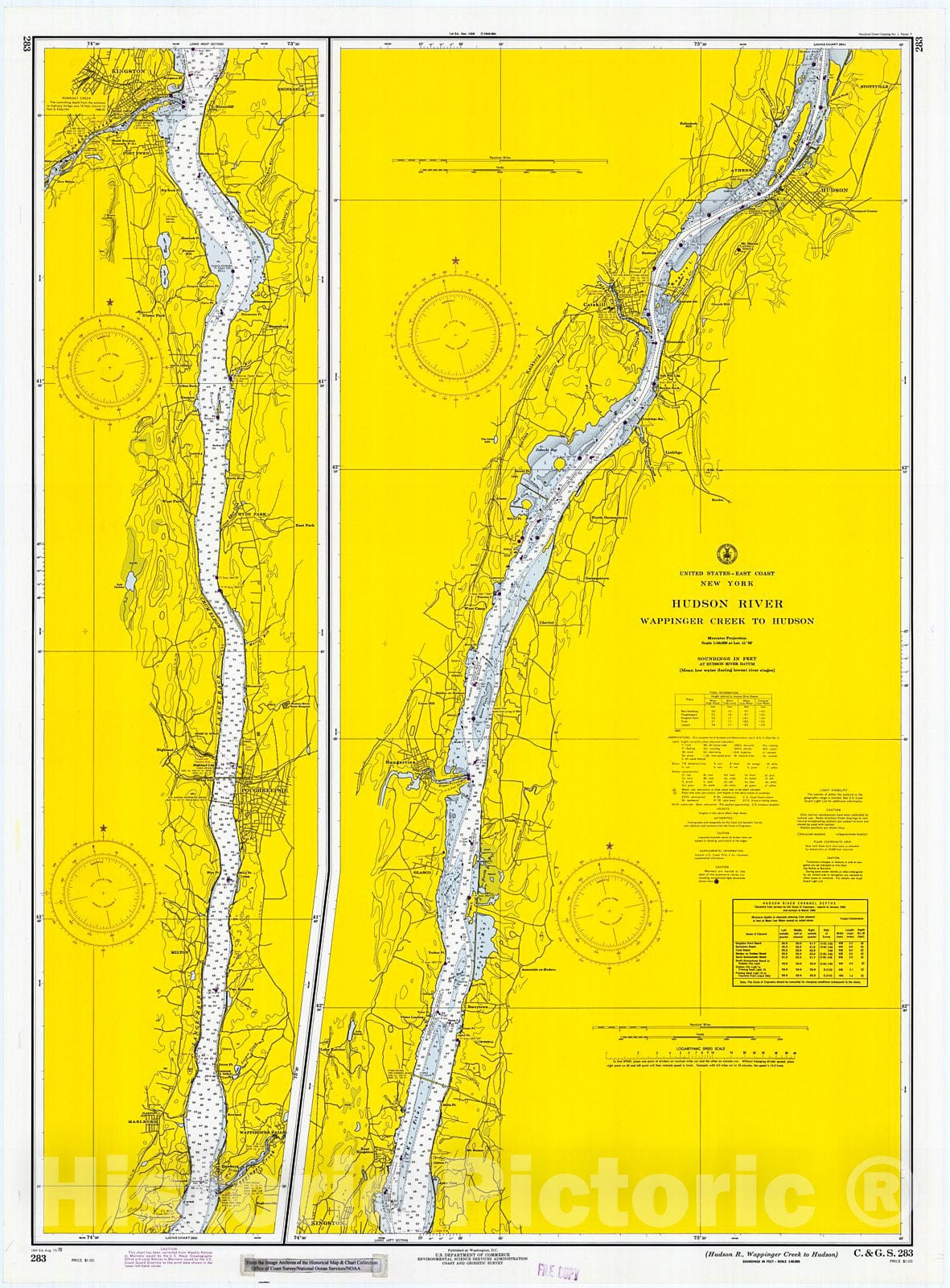 Historic Nautical Map - Hudson R, Wappinger Creek To Hudson, 1970 NOAA Chart - Vintage Wall Art