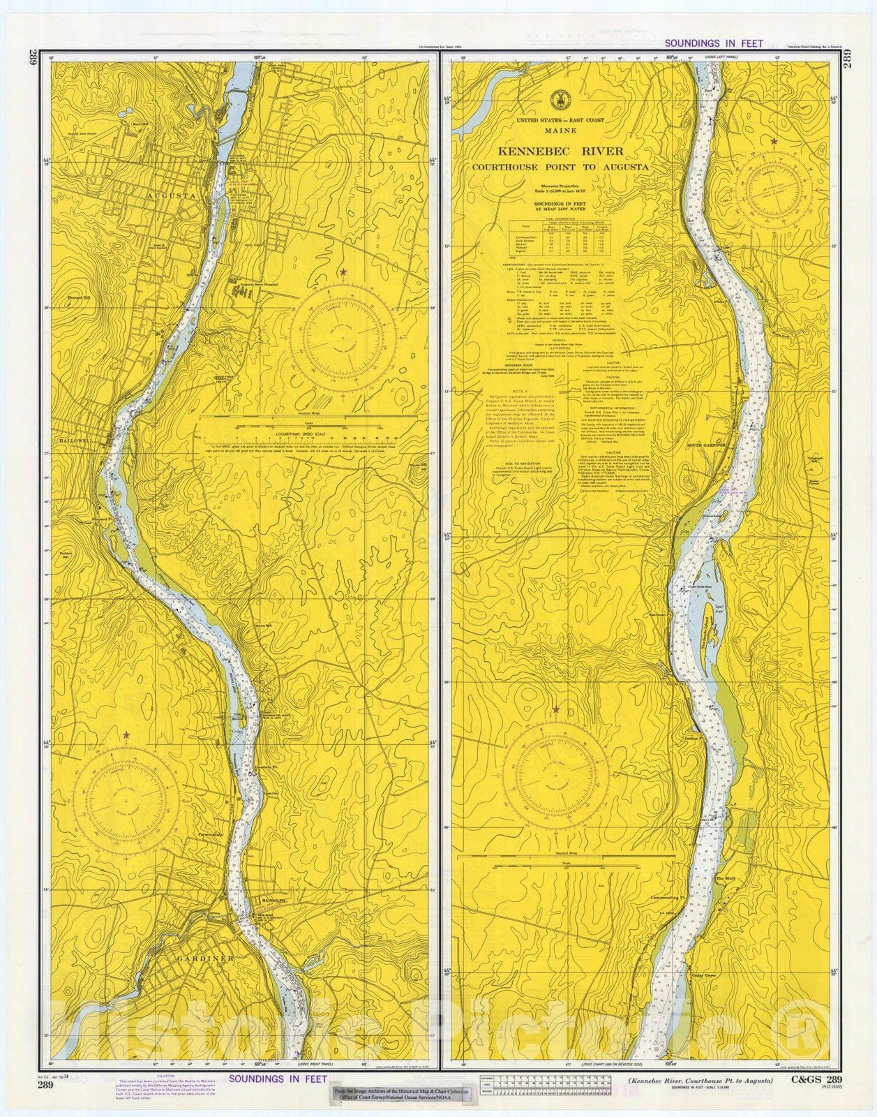 Historic Nautical Map - Kennebec River, Courthouse Pt. To Augusta, 1974 NOAA Chart - Vintage Wall Art