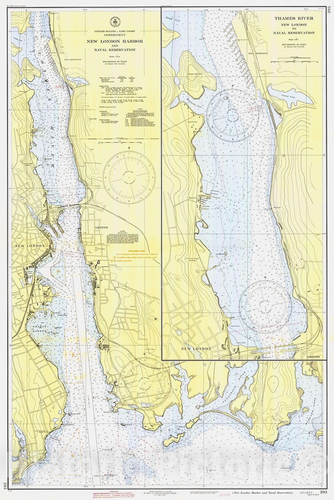 Historic Nautical Map - New London Harbor And Naval Reservation, 1942 NOAA Chart - Vintage Wall Art