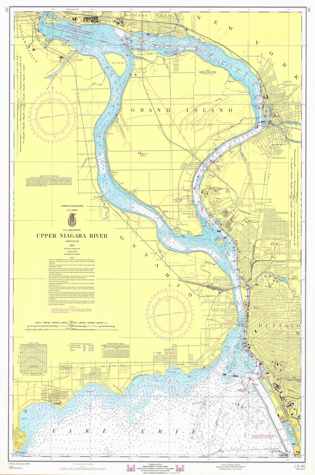 Historic Nautical Map - Upper Niagara River Niagara Falls To Buffalo Harbor, 1968 NOAA Chart - Vintage Wall Art