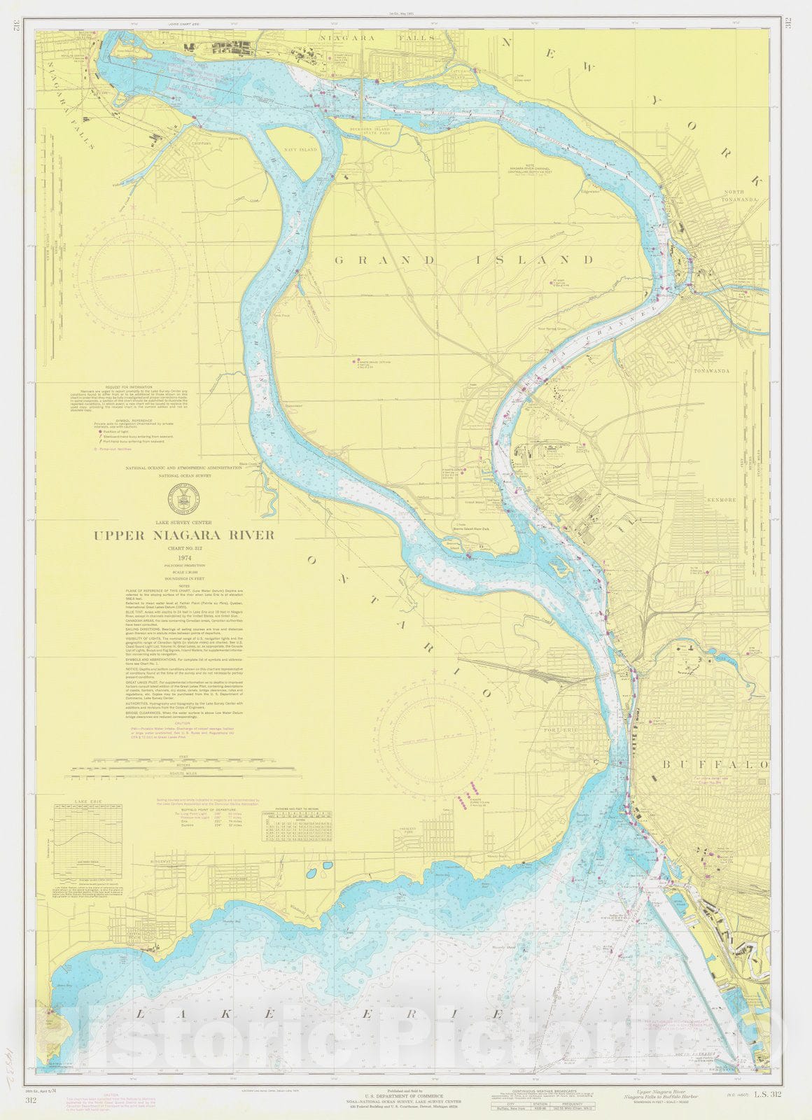 Historic Nautical Map - Upper Niagara River Niagara Falls To Buffalo Harbor, 1974 NOAA Chart - Vintage Wall Art