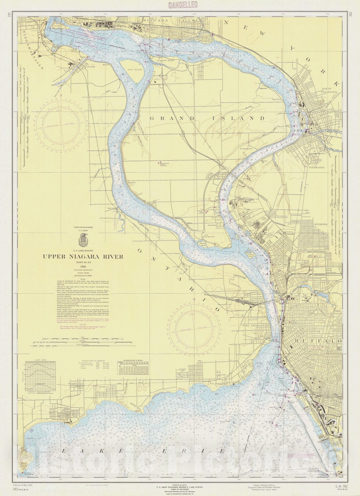 Historic Nautical Map - Upper Niagara River Niagara Falls To Buffalo Harbor, 1962 NOAA Chart - Vintage Wall Art