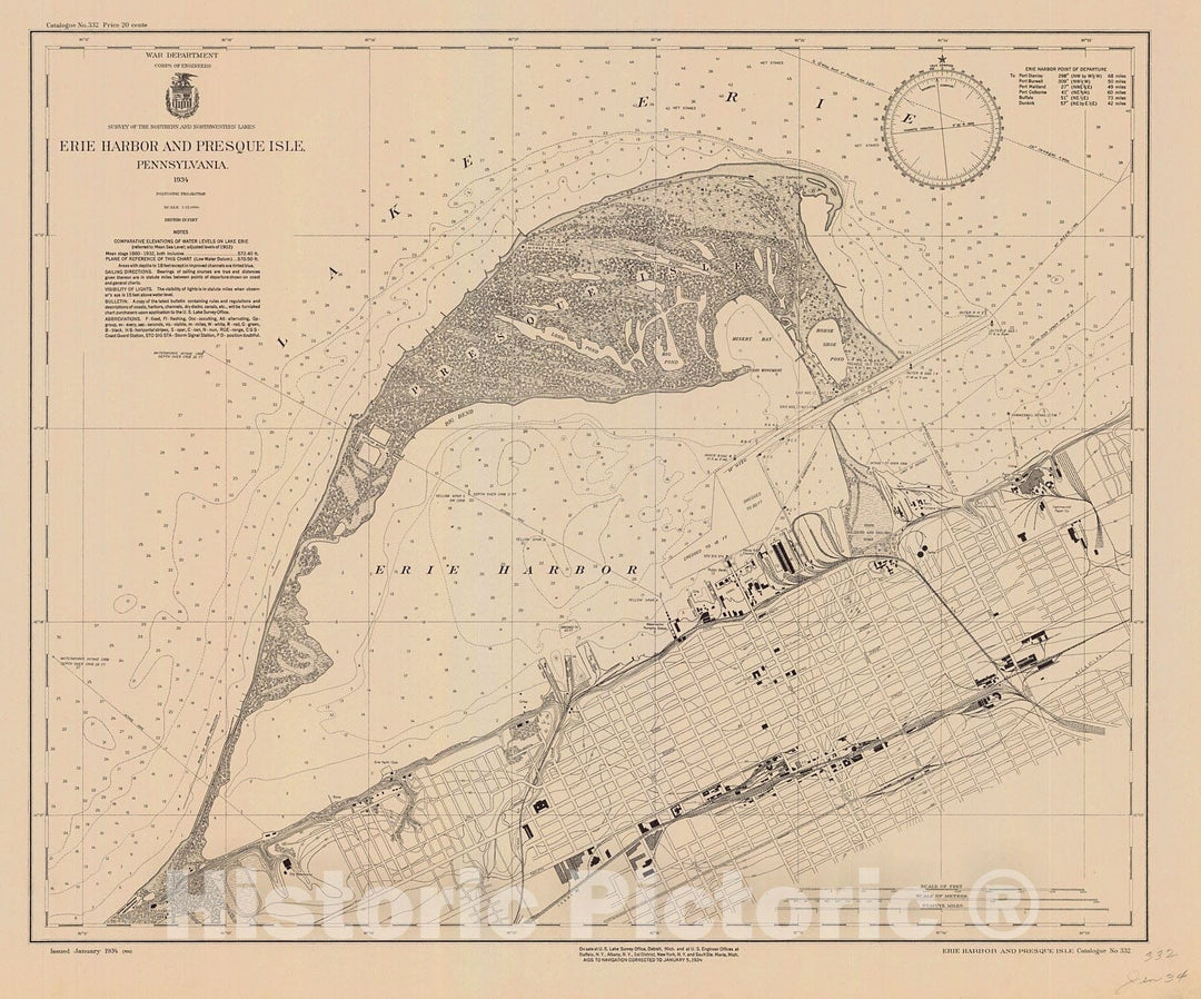 Historic Nautical Map - Erie Harbor And Presque Isle, Pennsylvania, 1934 NOAA Chart - Vintage Wall Art