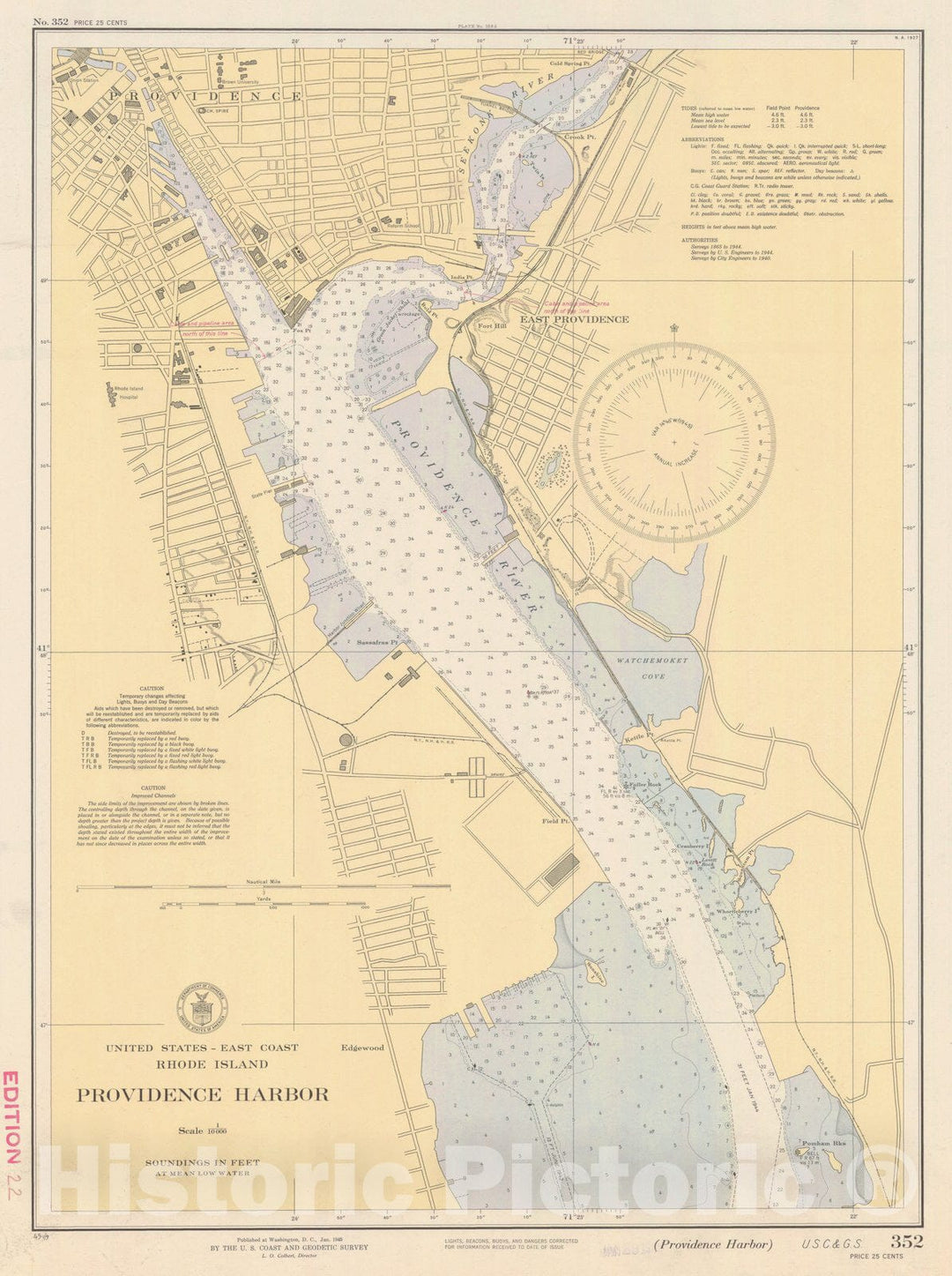 Historic Nautical Map - Providence Harbor, 1945 NOAA Chart - Vintage Wall Art