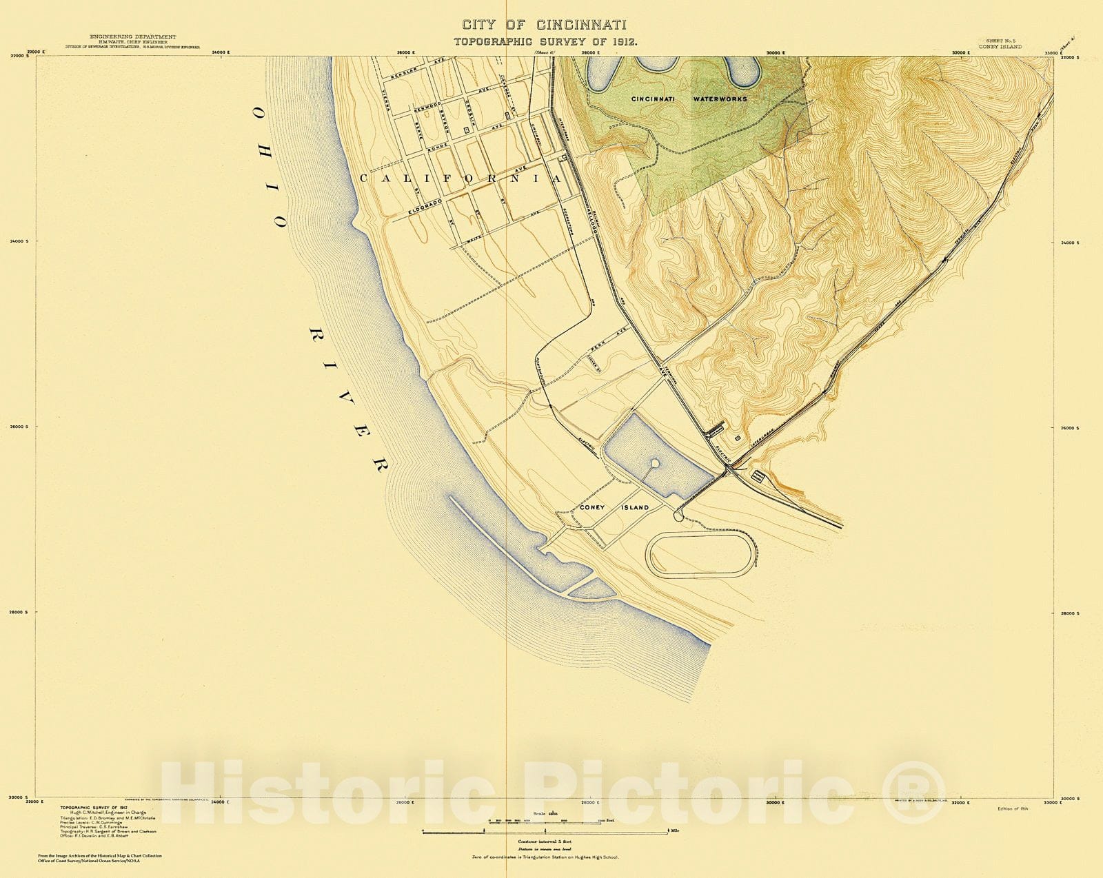 Historic Nautical Map - City Of Cincinnati, Sheet 5, 1912 NOAA Topographic - Vintage Wall Art