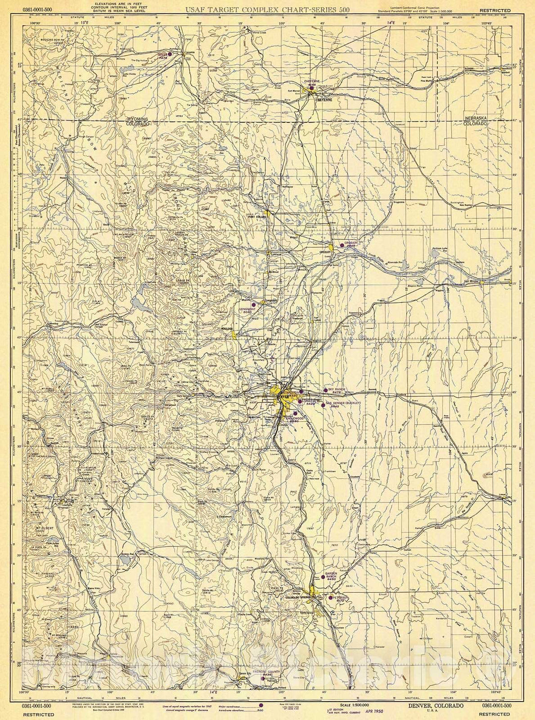 Historic Nautical Map - Denver, 1950 AeroNOAA Chart - Colorado, Wyoming (CO, WY) - Vintage Wall Art