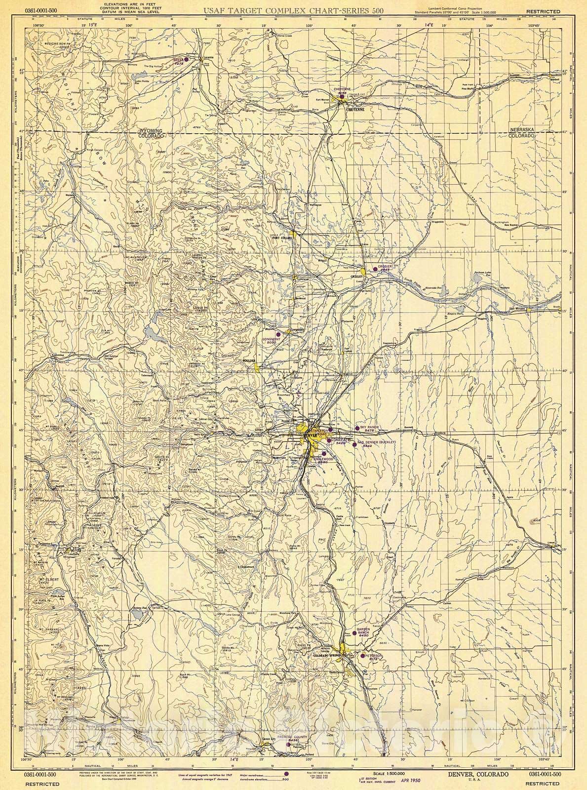 Historic Nautical Map - Denver, 1950 AeroNOAA Chart - Colorado, Wyoming (CO, WY) - Vintage Wall Art