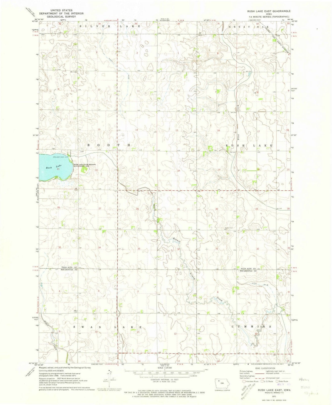 1971 Rush Lake East, IA - Iowa - USGS Topographic Map