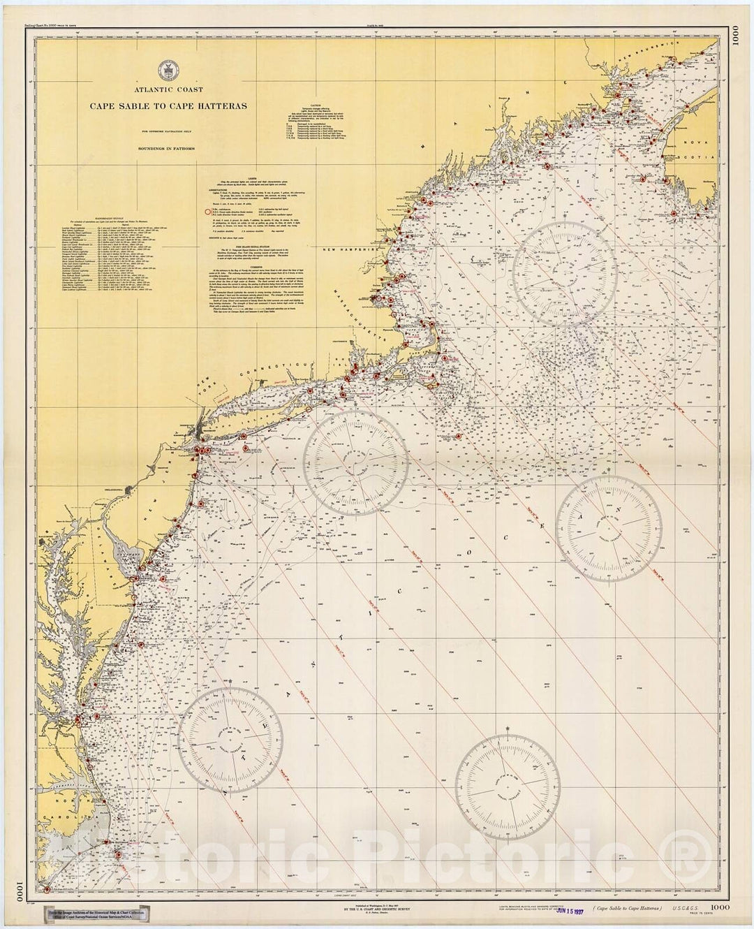 Historic Nautical Map - Cape Sable To Cape Hatteras, 1937 NOAA Chart - RI, VA, MD, MA, ME, NJ, NC, NY, CT, PA, NH, DEVintage Wall Art