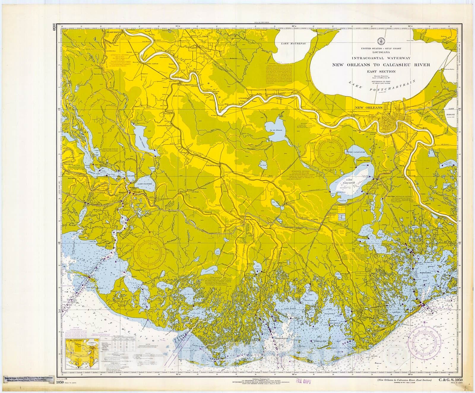 Historic Nautical Map - New Orleans To Calcasieu River, East Section, 1966 NOAA Chart - Louisiana (LA) - Vintage Wall Art