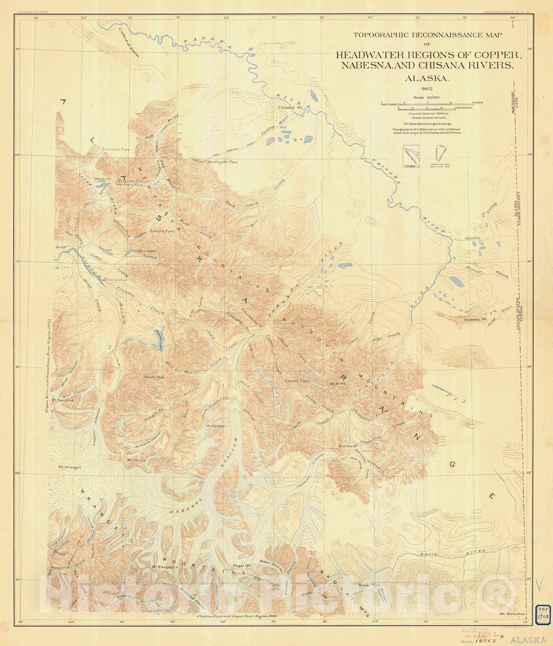 Historic Nautical Map - Topographic Reconnaissance Map Of Headwater Regions Of Copper Nabesna And Chisana Rivers, 1902 NOAA Topographic Historic Nautical Map - Alaska (AK) - Vintage Wall Art