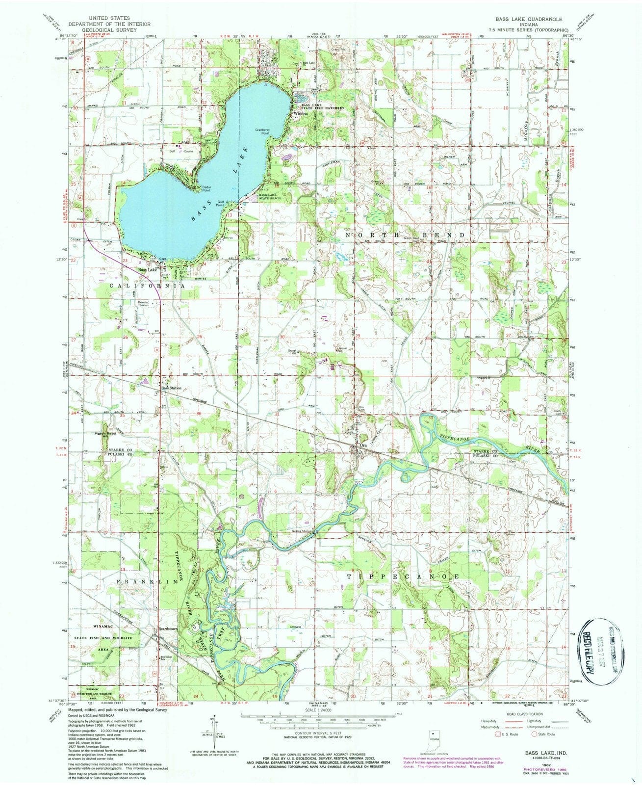 1962 Bass Lake, in - Indiana - USGS Topographic Map