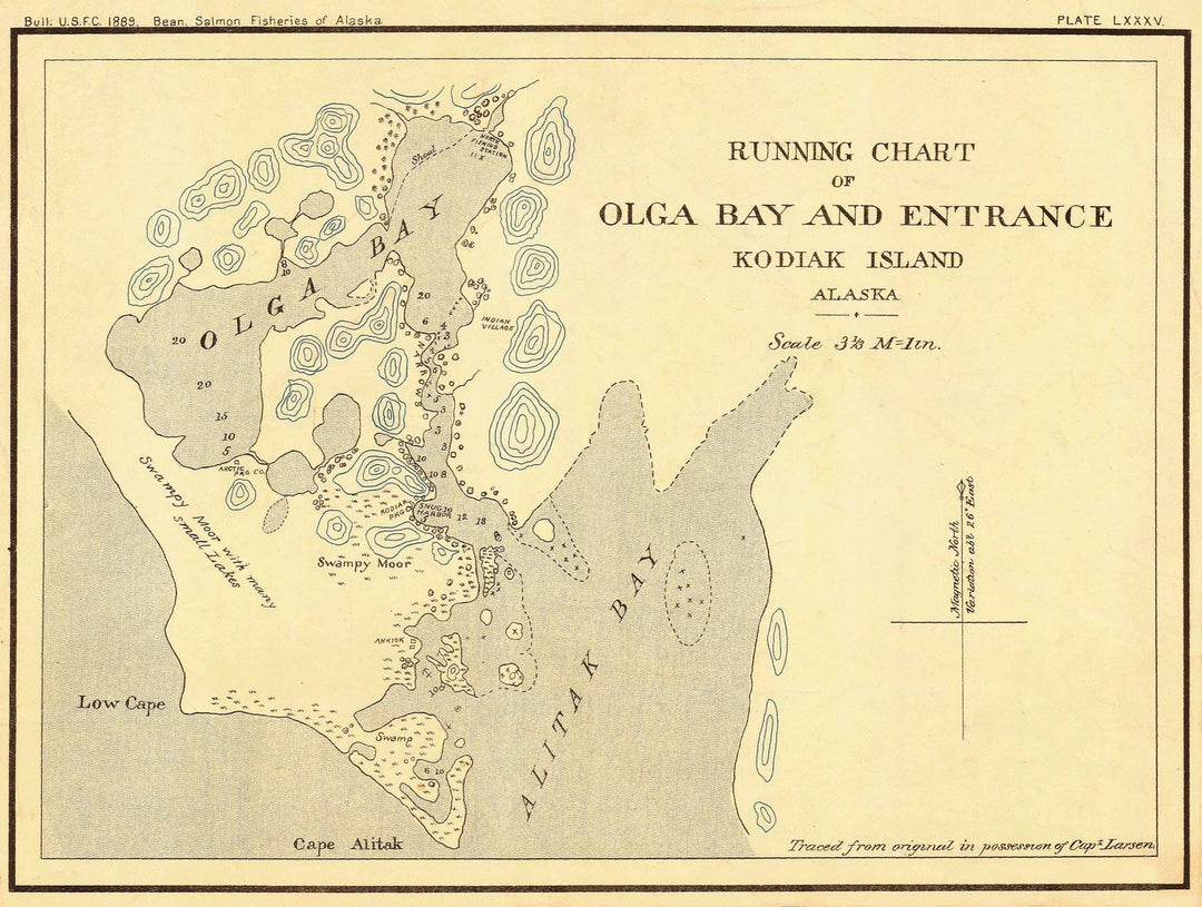 Historic Nautical Map - Running Chart Of Olga Bay And Entrance Kodiak Island, 1889 NOAA Cartographic - Alaska (AK) - Vintage Wall Art