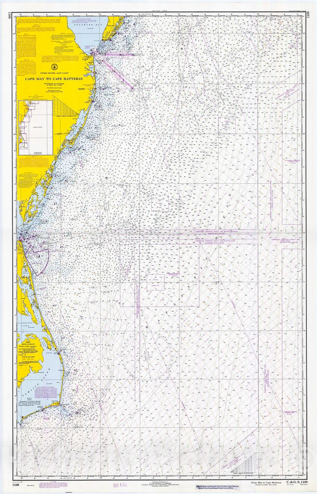 Historic Nautical Map - Cape May To Cape Hatteras, 1971 NOAA Chart - Virginia, North Carolina (VA, NC) - Vintage Wall Art