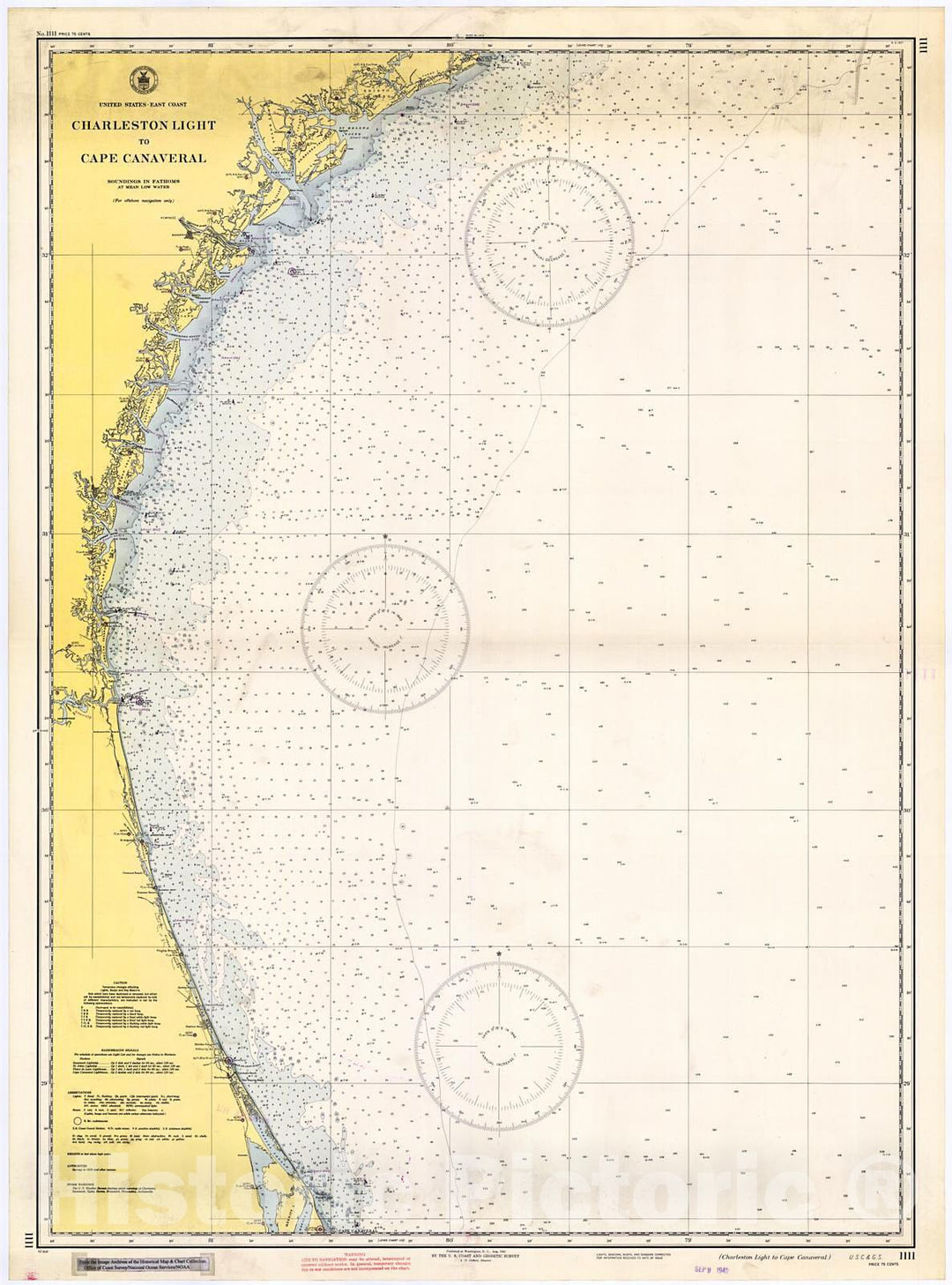 Historic Nautical Map - Charleston Light Ot Cape Canaveral, 1942 NOAA Chart - Georgia, South Carolina, Florida (GA, SC, FL) - Vintage Wall Art