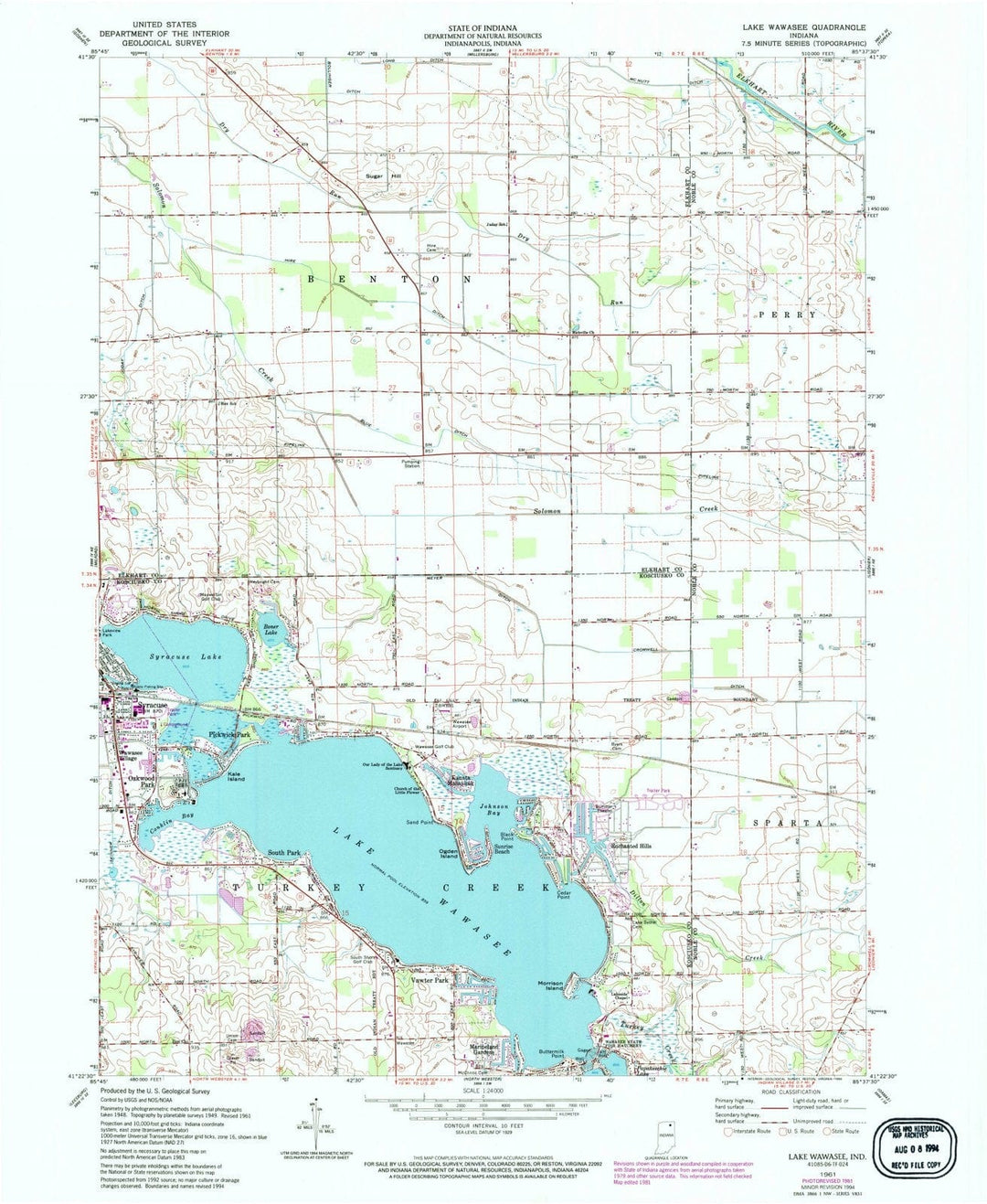 1961 Lake Wawasee, in - Indiana - USGS Topographic Map