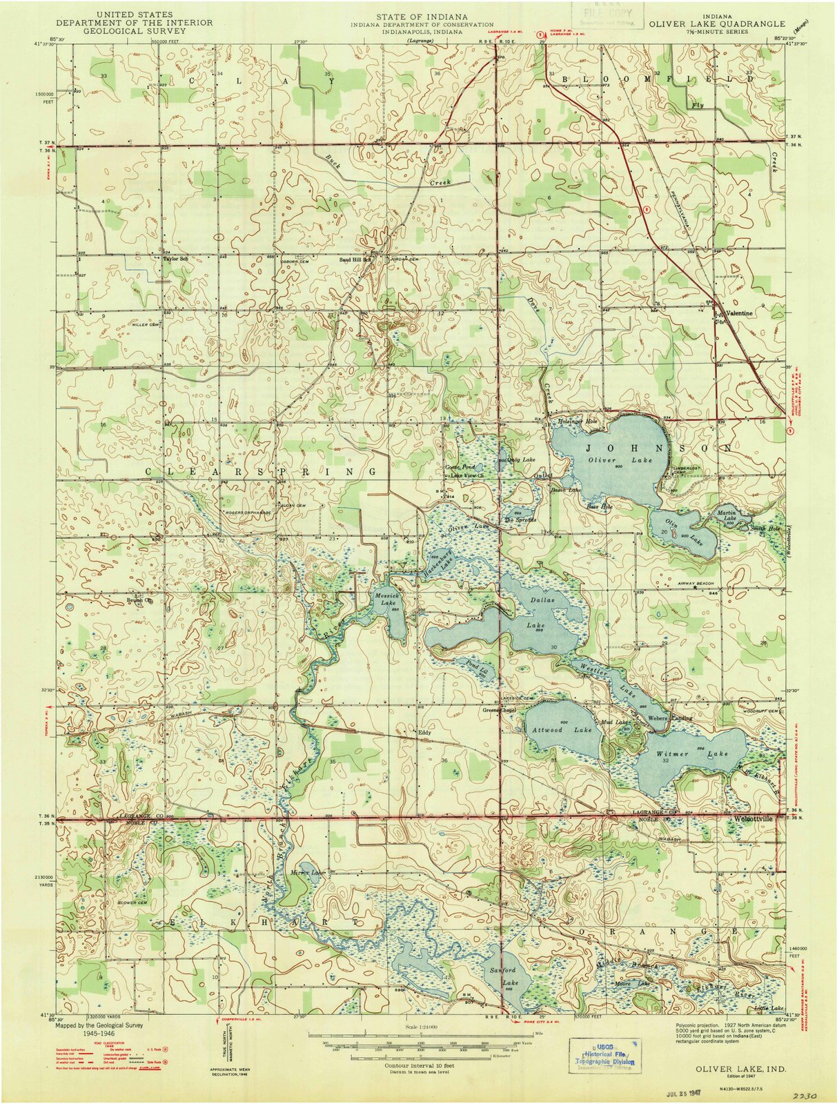 1947 Oliver Lake, in - Indiana - USGS Topographic Map