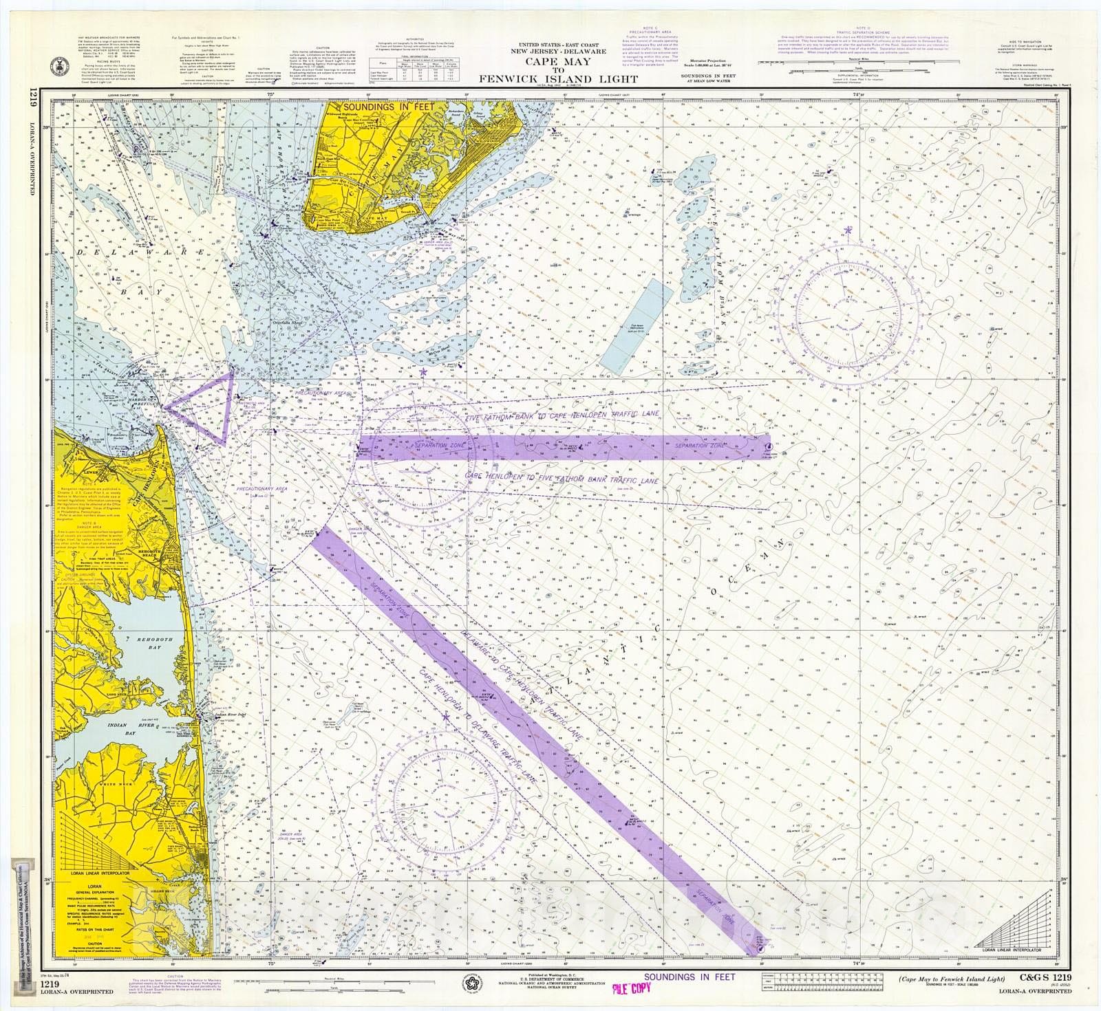 Historic Nautical Map - Cape May To Fenwick I. Light, 1974 NOAA Chart - New Jersey, Maryland (NJ, MD) - Vintage Wall Art