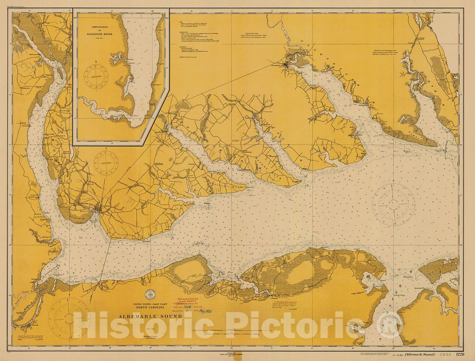 Historic Nautical Map - Albemarle Sound, 1913 NOAA Chart - North Carolina (NC) - Vintage Wall Art