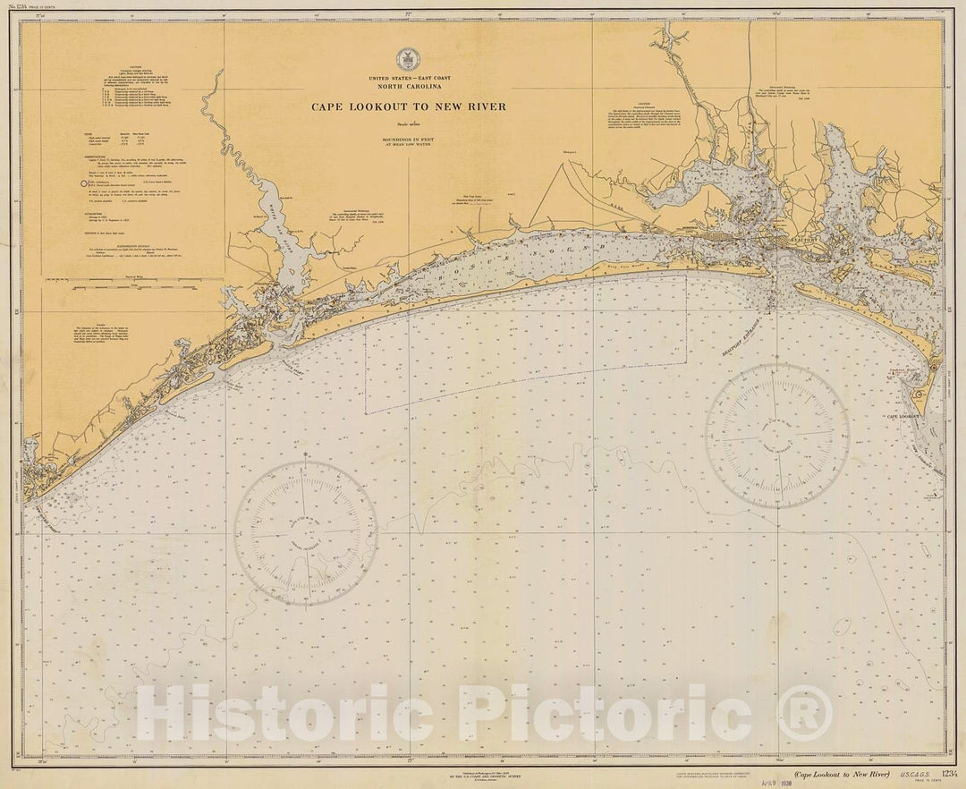 Historic Nautical Map - Cape Lookout To New River, 1936 NOAA Chart - North Carolina (NC) - Vintage Wall Art