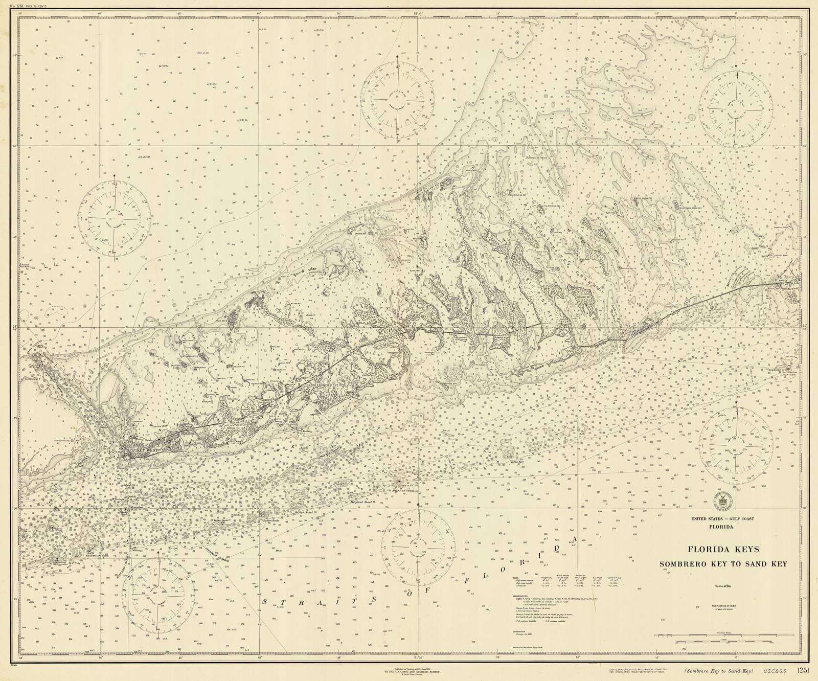 Historic Nautical Map - Florida Keys Sombrero Key To Sand Key, 1922 NOAA Chart - Florida (FL) - Vintage Wall Art