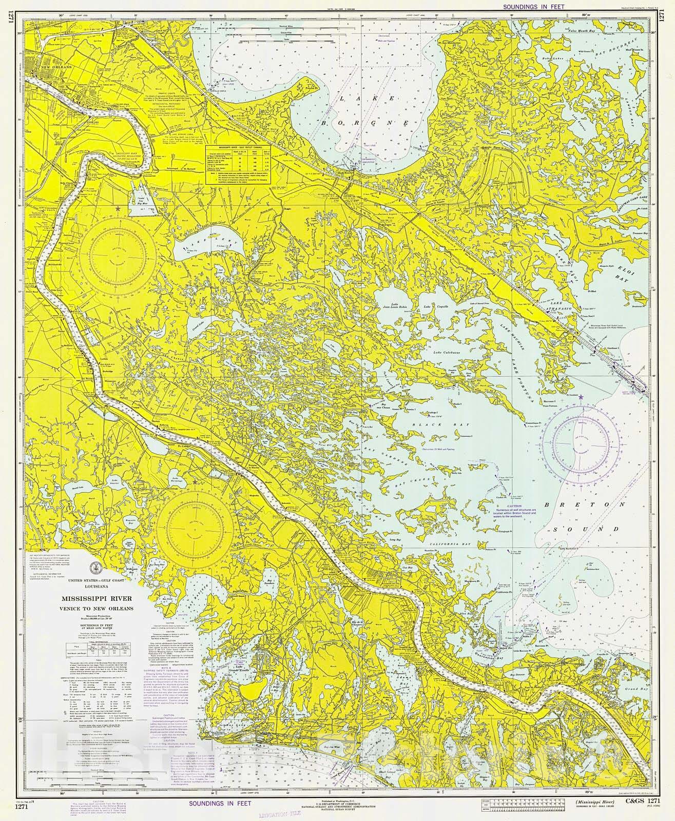 Historic Nautical Map - Mississippi River, 1974 NOAA Chart - Louisiana (LA) - Vintage Wall Art