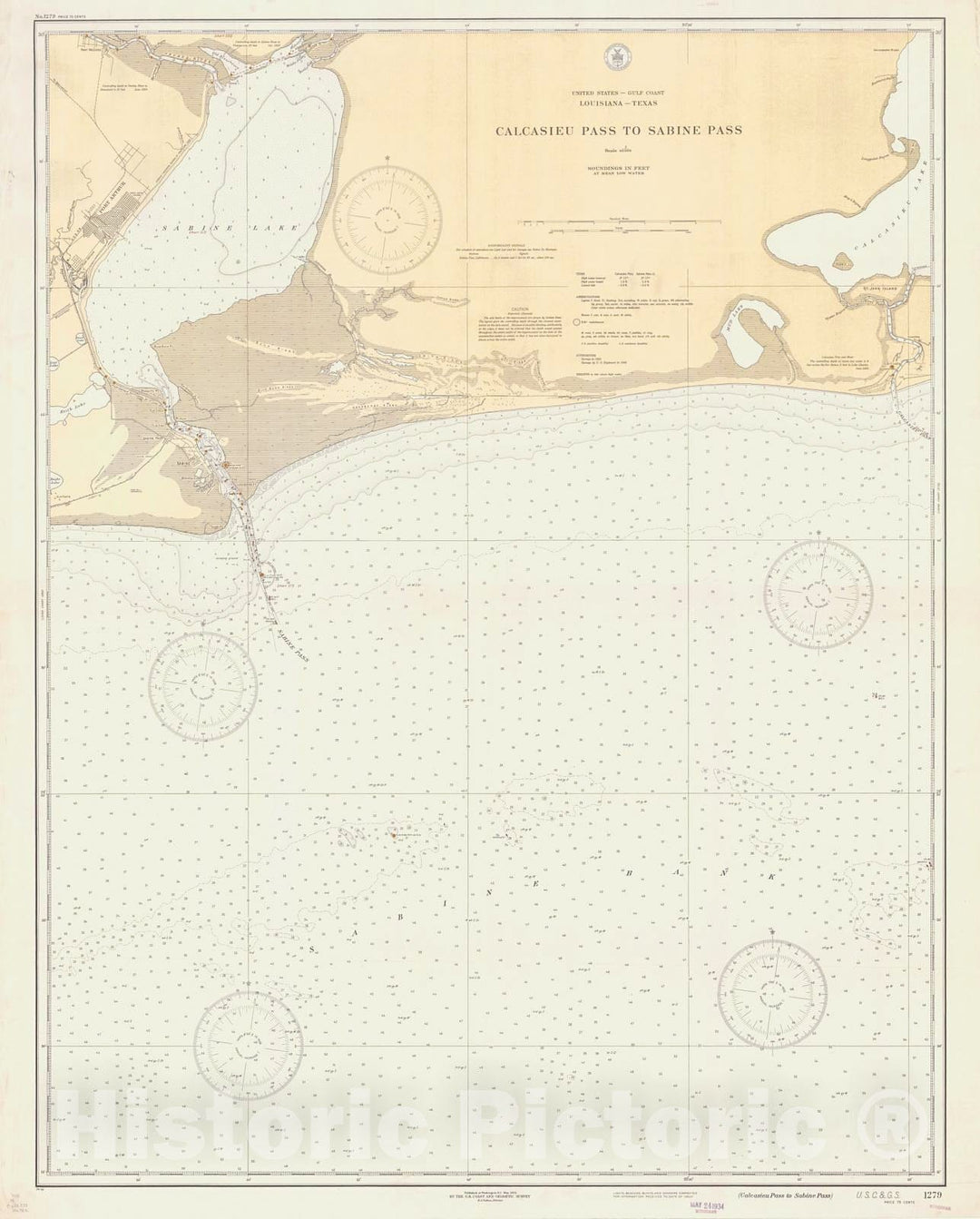 Historic Nautical Map - Calcasieu Pass To Sabine Pass, 1934 NOAA Chart - Louisiana, Texas (LA, TX) - Vintage Wall Art