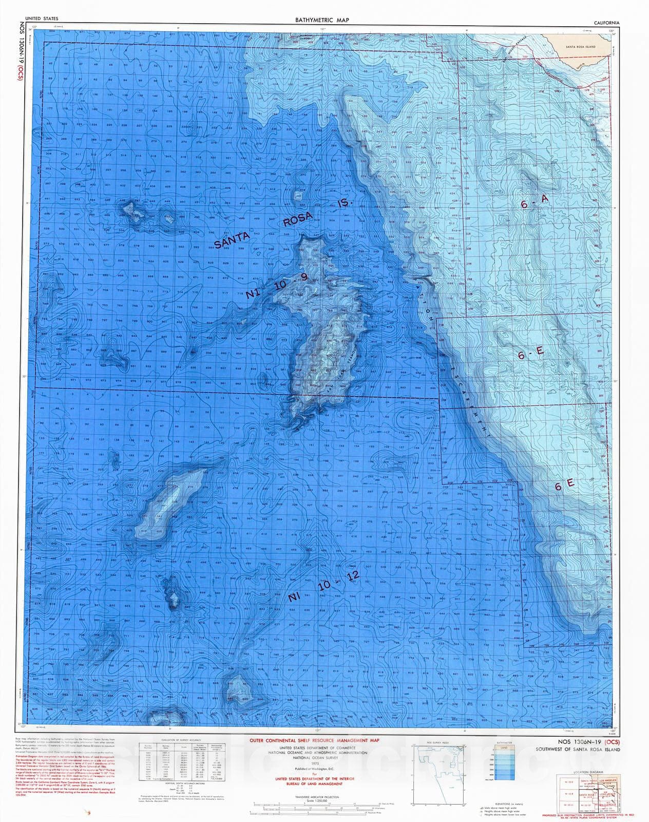 Historic Nautical Map - Southwest Of Santa Rosa Island, 1975 NOAA Bathymetric Historic Nautical Map - California (CA) - Vintage Wall Art