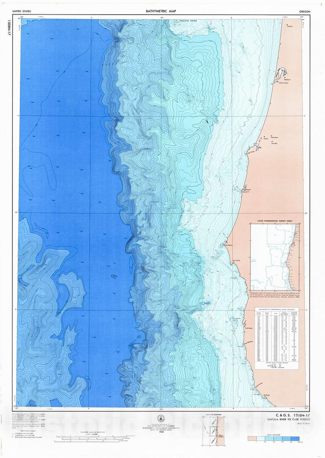 Historic Nautical Map - Umpqua River - Cape Ferrelo, 1968 NOAA Bathymetric Historic Nautical Map - Oregon (OR) - Vintage Wall Art