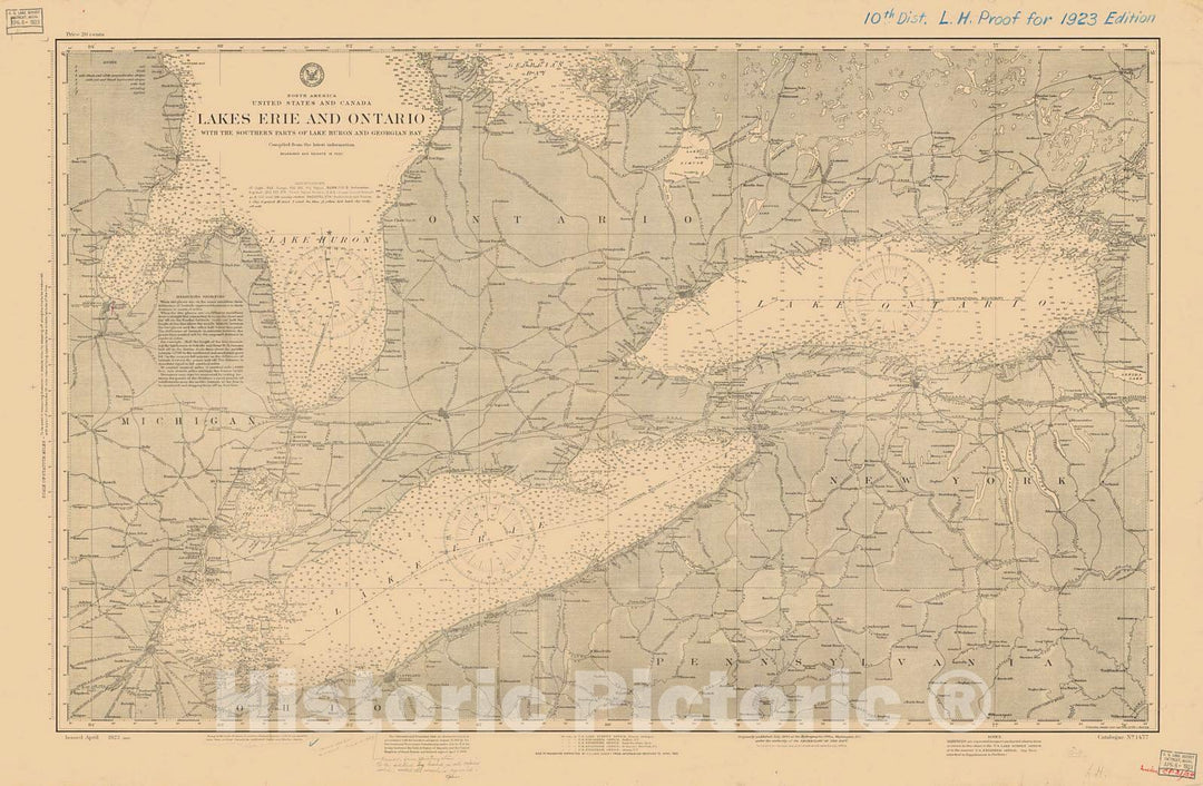 Historic Nautical Map - Lakes Erie And Ontario With The Southern Parts Of Lake Huron And Georgian Bay, 1923 NOAA Chart - Ohio, New York, Michigan, Pennsylvania Poster Wall Art Reprint - 0