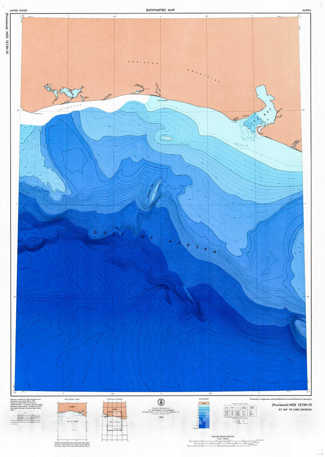 Historic Nautical Map - Icy Bay To Cape Suckling, 1974 NOAA Bathymetric Historic Nautical Map - Alaska (AK) - Vintage Wall Art