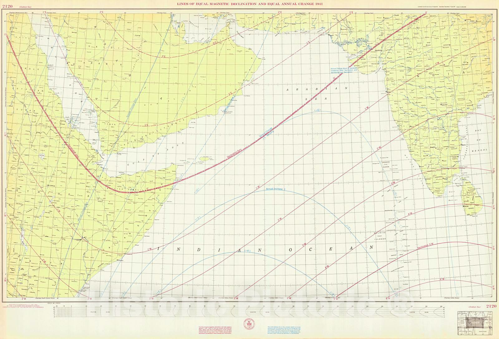 Historic Nautical Map - Arabian Sea, 1943 NOAA Magnetic Historic Nautical Map - Vintage Wall Art